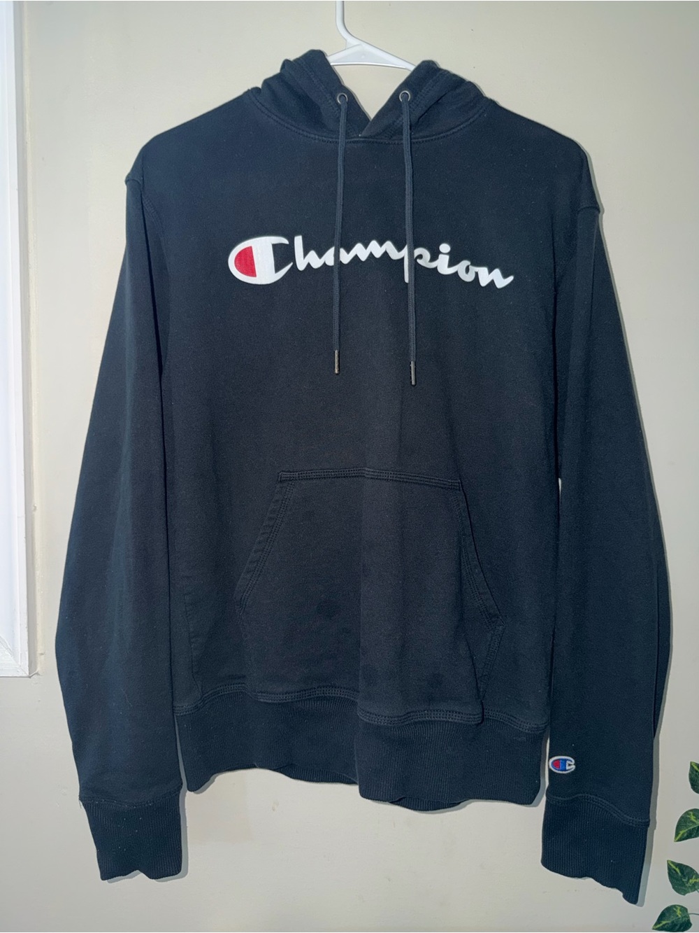Champion Black Hoodie with White Script and Red Logo Accent